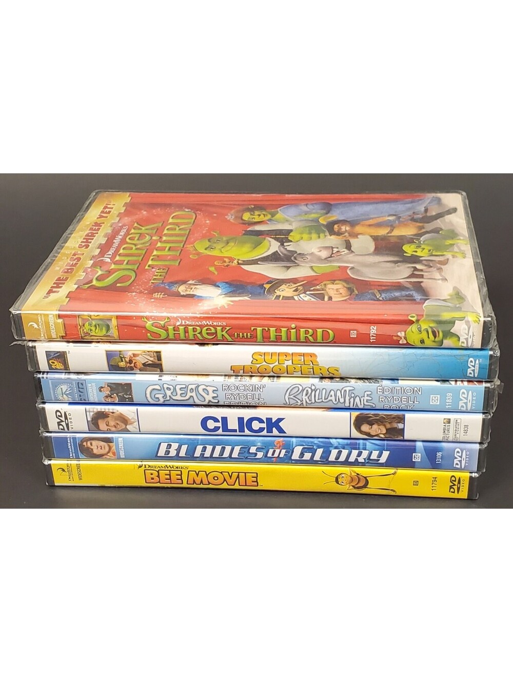 Lot of 6 DVD Movies - Shrek the Third, Super Troopers, Grease, Click+ New